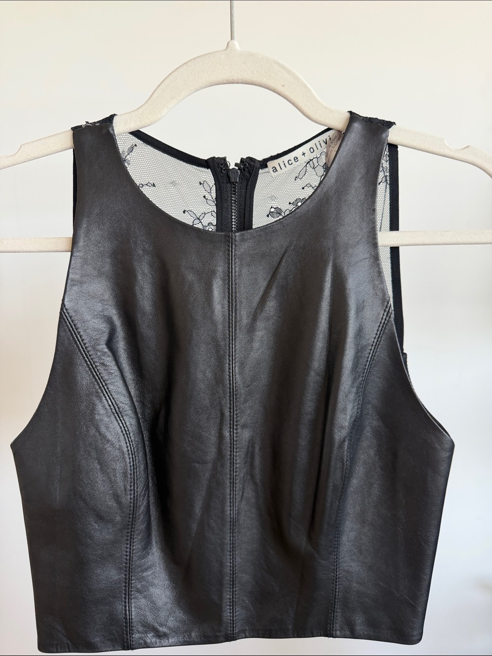 Alice + Olivia Black Leather Sleeveless Crop Top